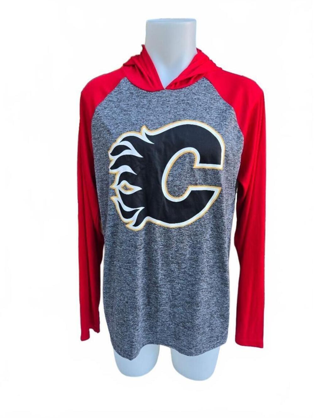 Calgary Flames NHL Hooded Performance Shirt Men’s Large Grey Red Hockey